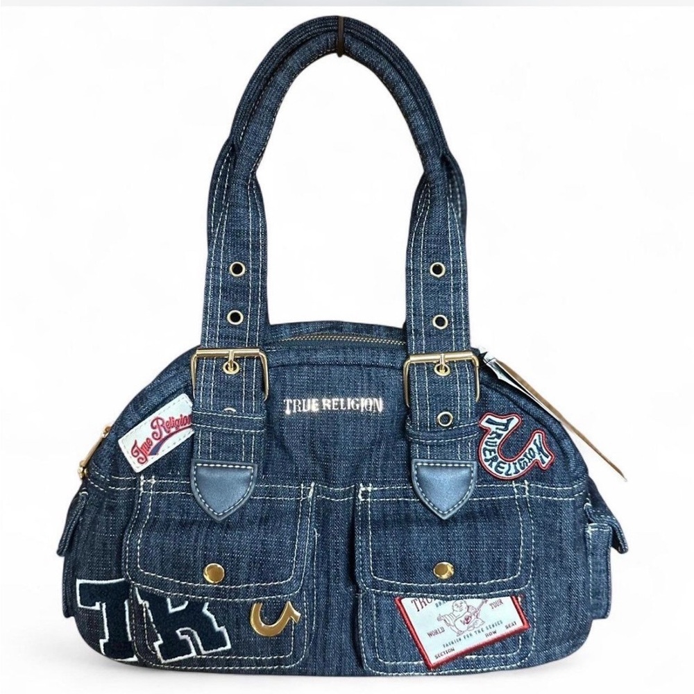 True Religion Embroidered Blue Denim Shoulder Bag